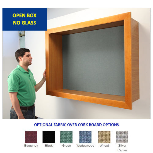 LARGE OPEN FACE WOOD CORK SHADOW BOX with 2" INTERIOR DEPTH (SHOWN in HONEY MAPLE with FABRIC COVERED CORK). AVAILABLE in 6 FABRIC COLORS