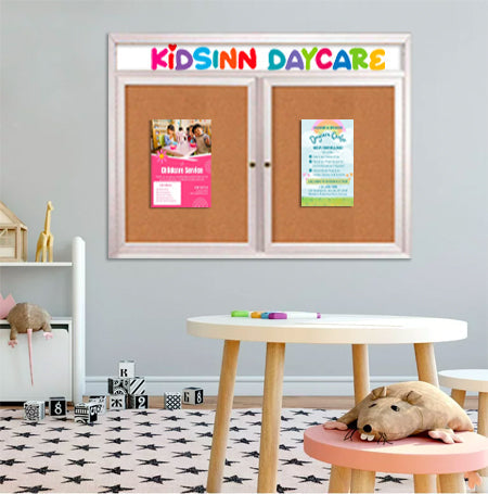 Indoor Enclosed Bulletin Boards 72 x 48 with Rounded Corners 2 Doors & Personalized Header