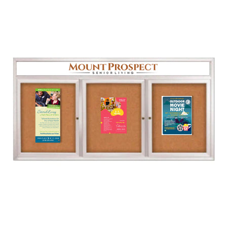 Indoor Enclosed Bulletin Boards 84 x 36 with Rounded Corners 3 Doors & Personalized Header