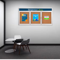 Indoor Enclosed Bulletin Boards 84 x 36 with Rounded Corners 3 Doors & Personalized Header