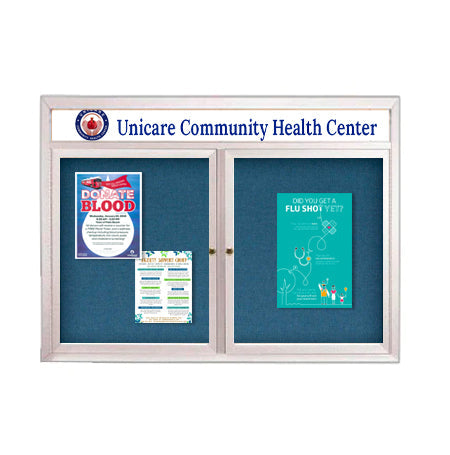 Indoor Enclosed Bulletin Boards 96 x 36 with Rounded Corners 2 Doors & Personalized Header