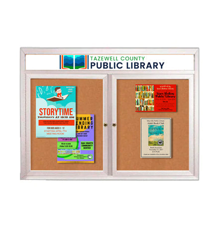 Indoor Enclosed Bulletin Boards 96 x 48 with Rounded Corners 2 Doors & Personalized Header