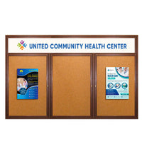 72 x 24 WOOD Indoor Enclosed Bulletin Cork Boards with Message Header (3 DOORS)