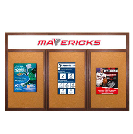 84 x 36 WOOD Indoor Enclosed Bulletin Cork Boards with Message Header (3 DOORS)