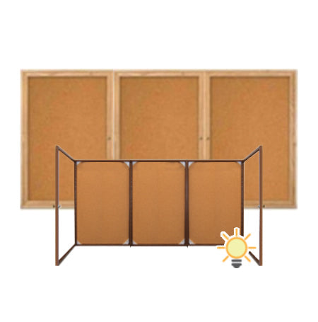 96 x 36 WOOD Indoor Enclosed Bulletin Cork Boards with Interior Lighting (3 DOORS)