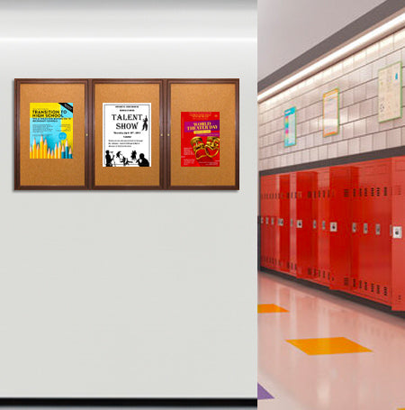 96 x 48 WOOD Indoor Enclosed Bulletin Cork Boards with Interior Lighting (3 DOORS)