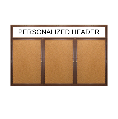 84 x 48 WOOD Indoor Enclosed Bulletin Cork Boards with Message Header (3 DOORS)