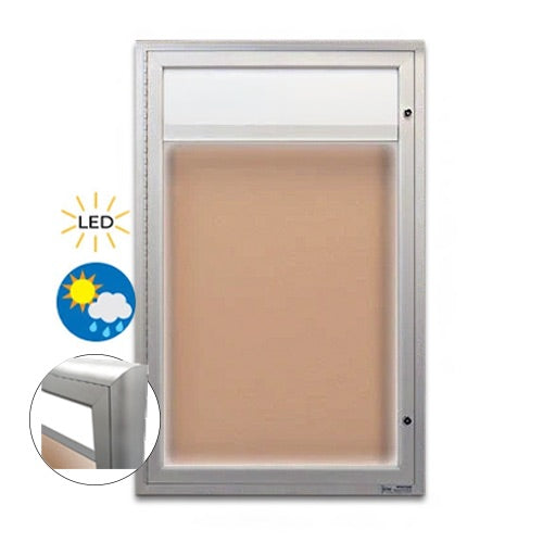 Extreme WeatherPlus Radius Edge Outdoor Bulletin Board Display Case with Header and LED Lighting | Shown with Silver Finish