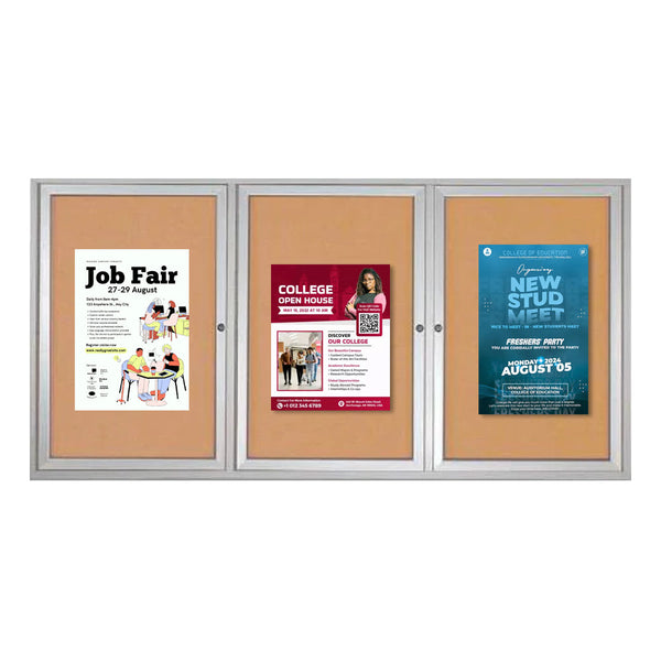 96 x 24 Indoor Enclosed Bulletin Cork Boards 3 Door Metal Display Case