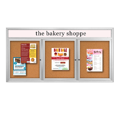 Indoor Enclosed Bulletin Boards 72" x 24" with Message Header (3 DOORS)