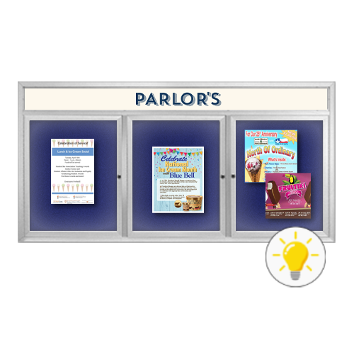 84 x 36 INDOOR Enclosed Bulletin Boards with Header & Lights (3 DOORS)