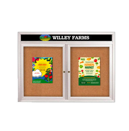 Enclosed Indoor Enclosed Bulletin Boards 84 x 30 w Message Header + Radius Edge 2 DOOR