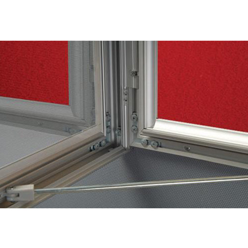 Lockable RED Fabric Bulletin Boards have (2) Prop Arms to keep the Door Open for Easy Updating