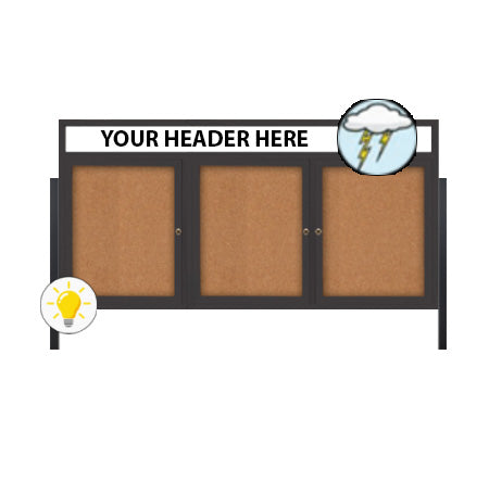 Freestanding 3 Door Enclosed Outdoor Bulletin Boards 72" x 30" Lighted w Message Header on Posts