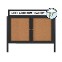 Outdoor Enclosed 40x50 Cork Bulletin Boards w Personalized HEADER (Radius Edge & Leg Posts) 2 DOORS
