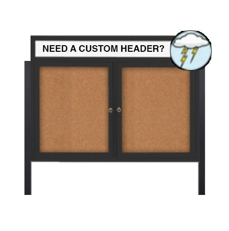 Outdoor Enclosed 96x24 Cork Bulletin Boards w Personalized HEADER (Radius Edge & Leg Posts) 2 DOORS