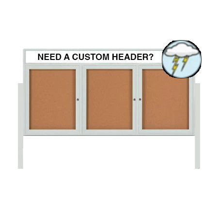 Outdoor Enclosed 84x24 Cork Bulletin Boards w Personalized HEADER (Radius Edge & Leg Posts) 3 DOORS