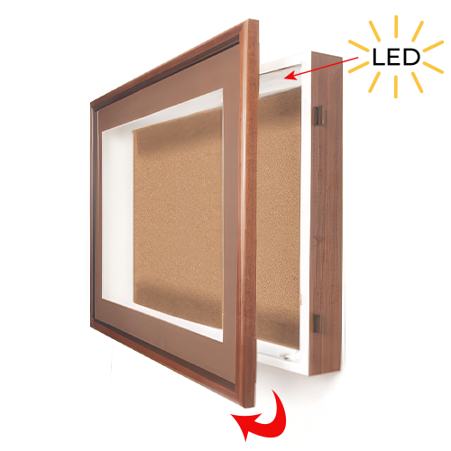4" Deep Designer Wood Shadowbox SwingFrames with Cork Board + LED Interior Lighting in 12 Sizes + Custom