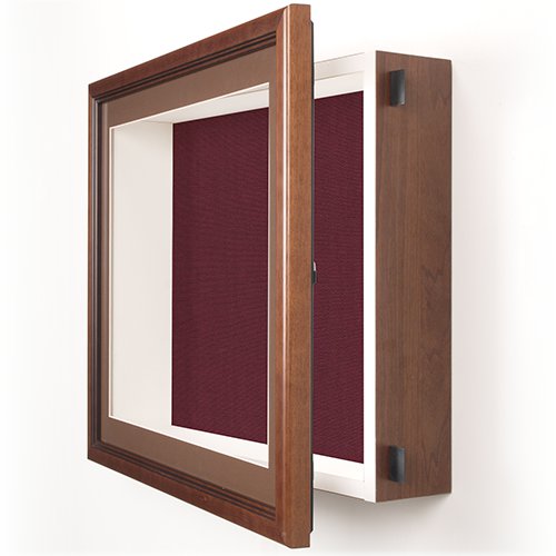 SwingFrame Designer 1" Deep Shadow Box Display Case | Wood Framed, Swing Open Shadowbox | Shown in Walnut Frame with Burgundy Fabric over Cork Board